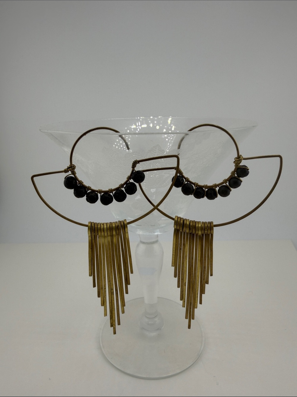 Gold-Tone Fringe Hoop Earrings with Black Bead Accents